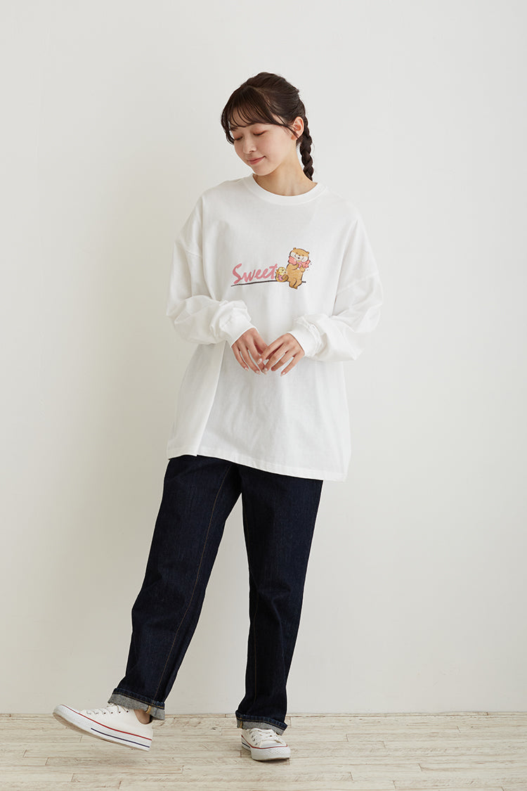 可愛い嘘のカワウソ ビックシルエットL/S Tシャツ スイーツ ホワイト