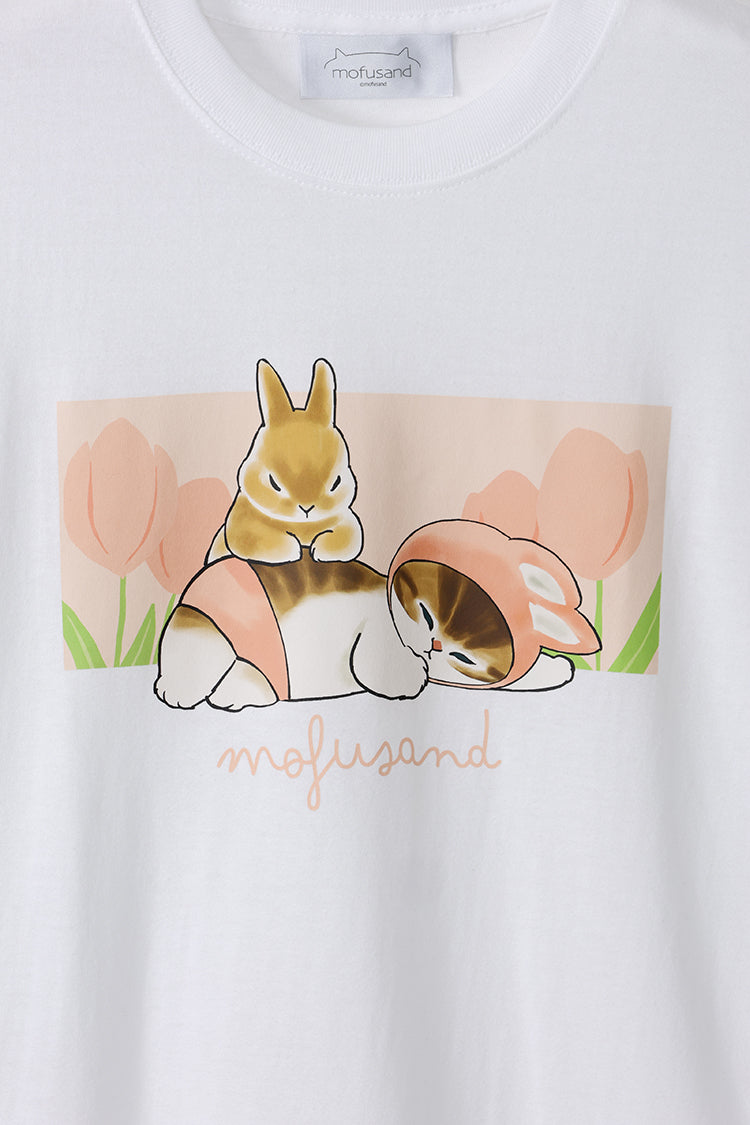 mofusand Tシャツ うさぎとチューリップ ホワイト