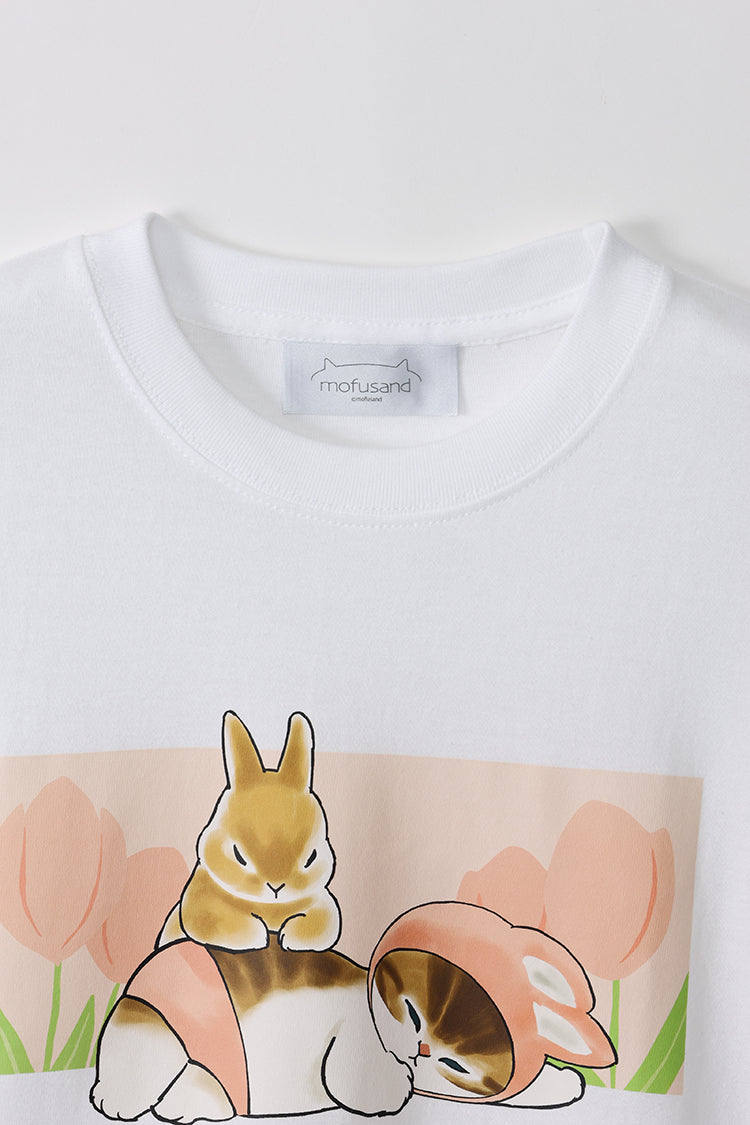 mofusand Tシャツ うさぎとチューリップ ホワイト