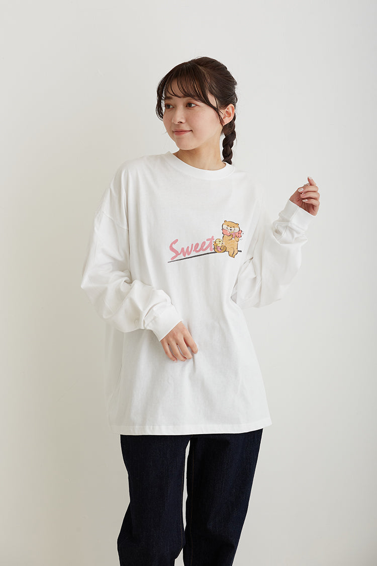 可愛い嘘のカワウソ ビックシルエットL/S Tシャツ スイーツ ホワイト