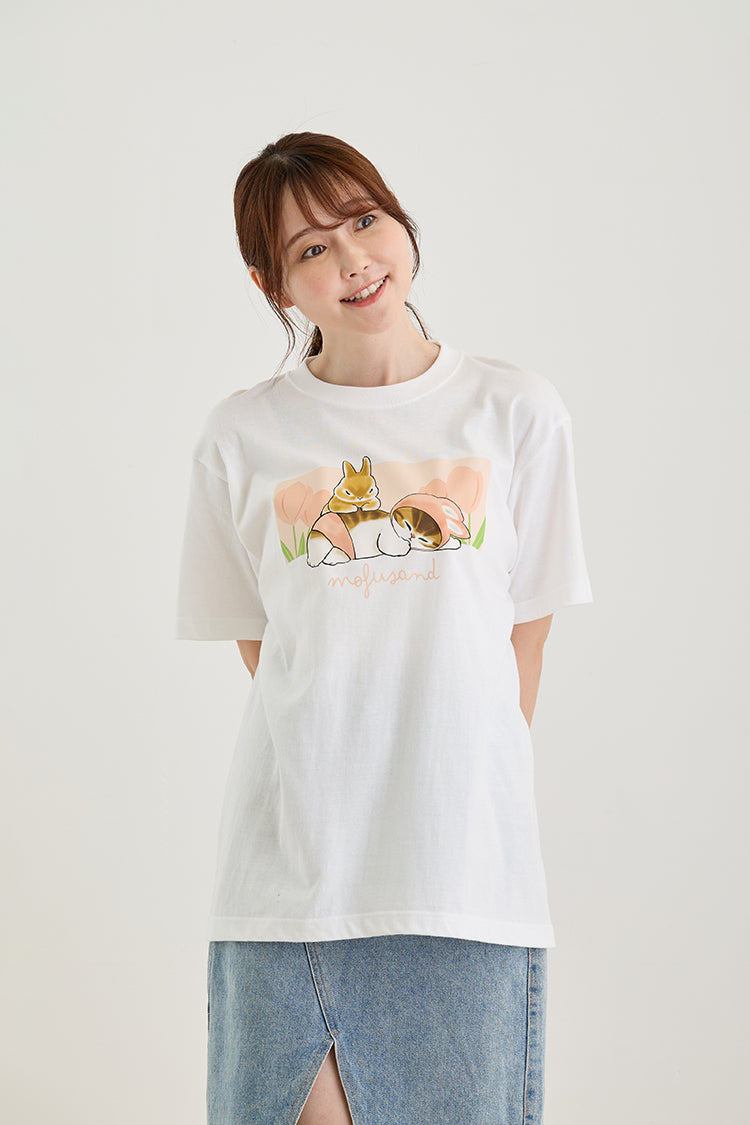 mofusand Tシャツ うさぎとチューリップ ホワイト