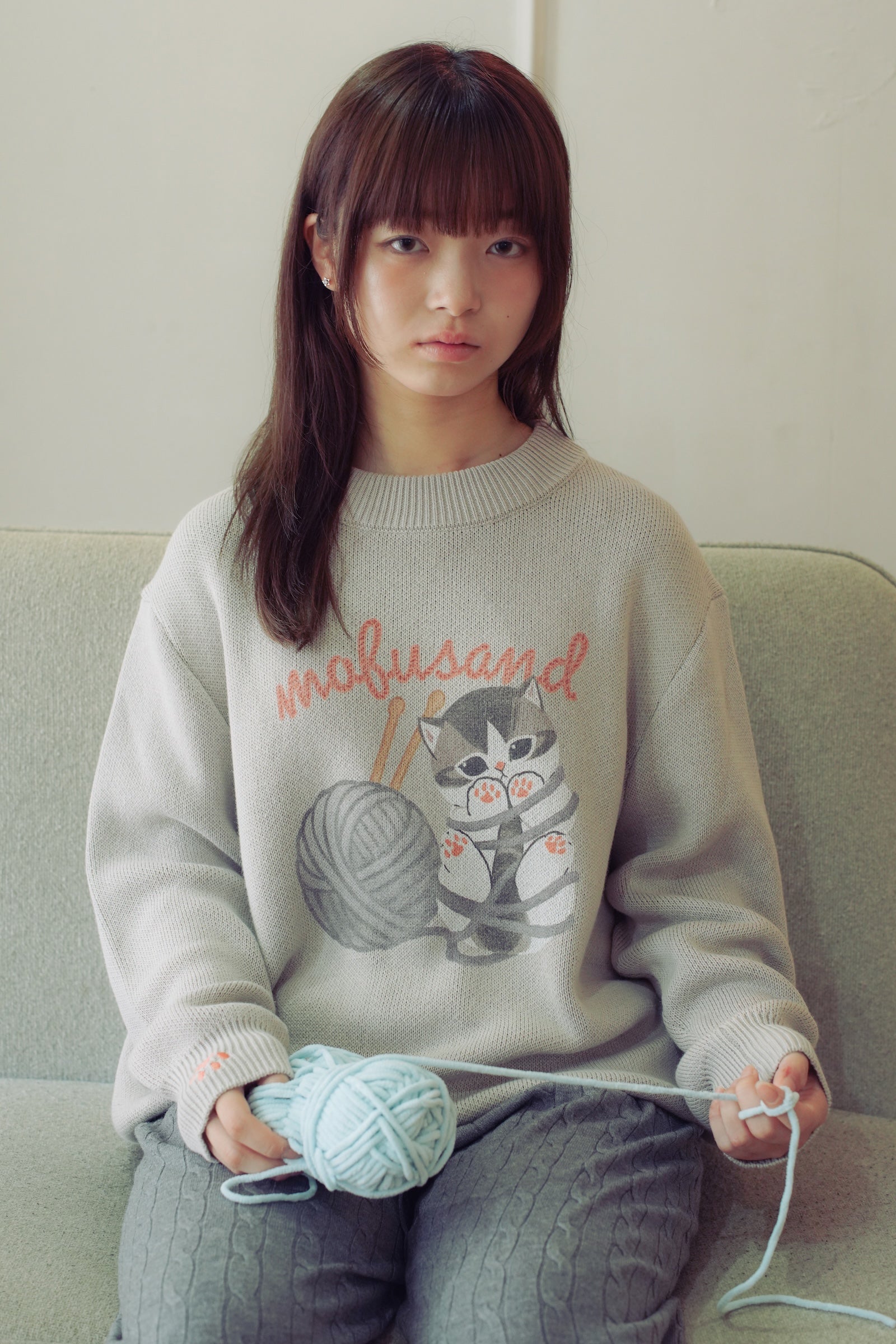 mofusand セーター 毛糸玉 ぐるぐるにゃん グレー