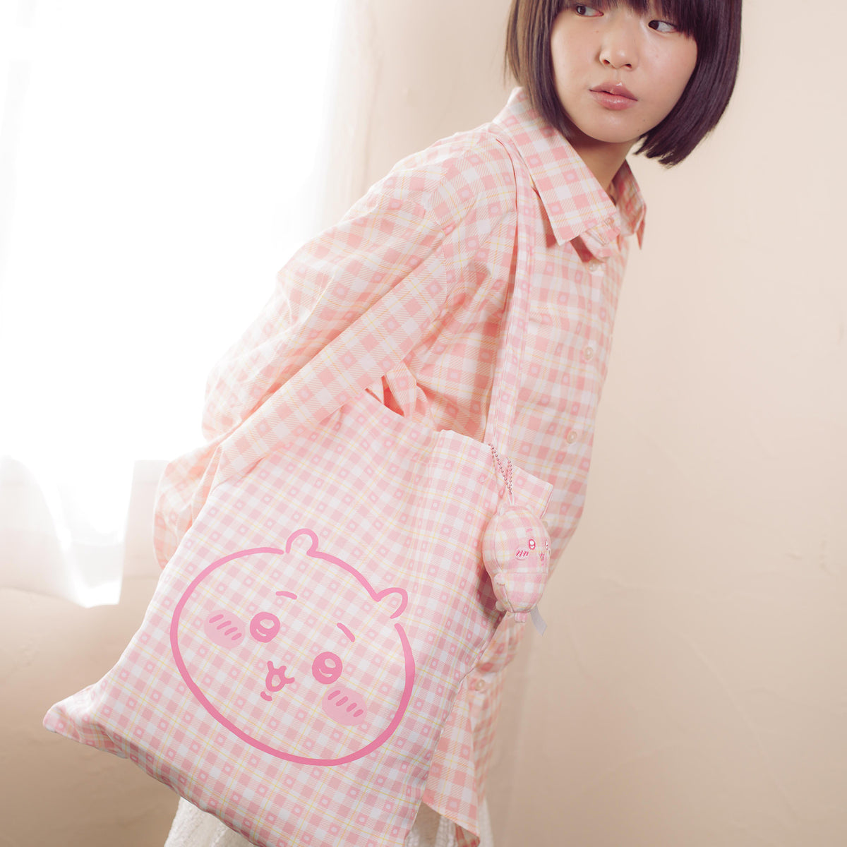 ちいかわ チェックシリーズ トートバッグ（チャーム付き）& ポーチ　6点セット ちいかわ チェックシリーズ トートバッグ（チャーム付き） ちいかわ ピンク